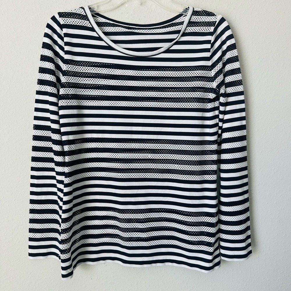 AMS Pure Blue and white Stripe Mesh Long Sleeve Top